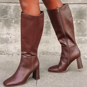 Reelee Chocolate Square Toe Knee-High Boots